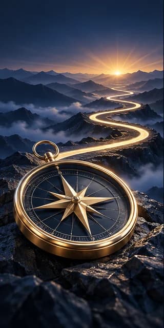 A gold compass beside a winding illuminated path toward the sunrise
